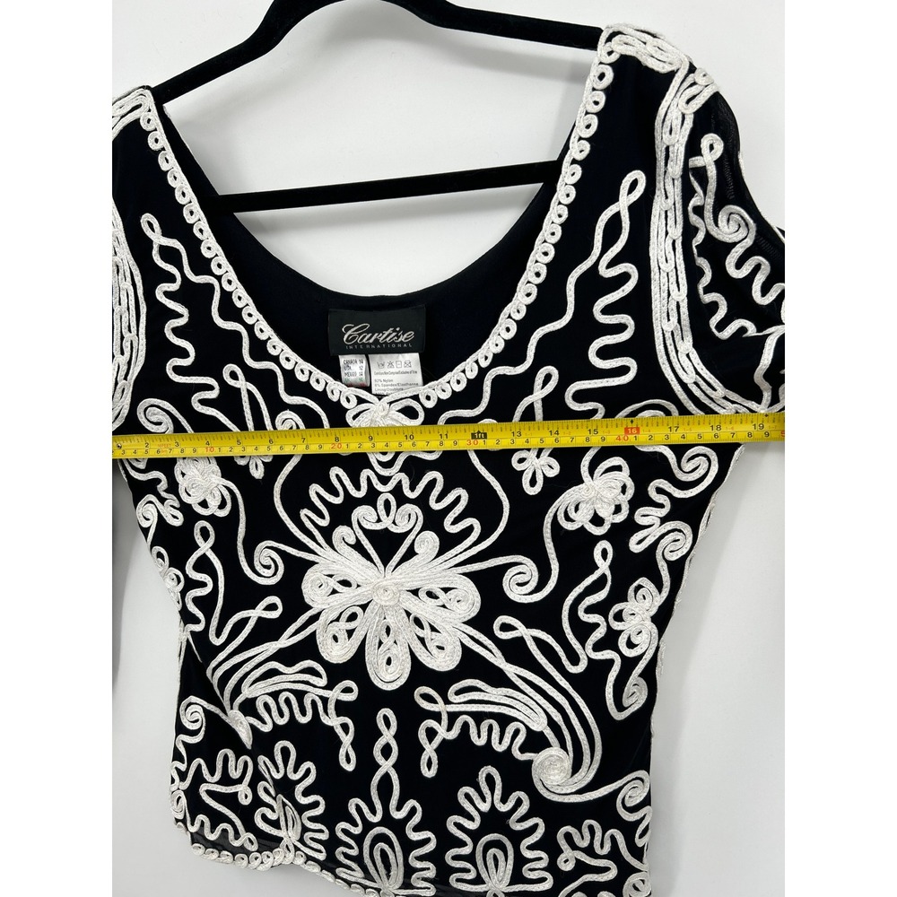 Cartise International Black White Soutache Embroidered Mesh Top V-Neck Size 12 - Picture 8 of 15